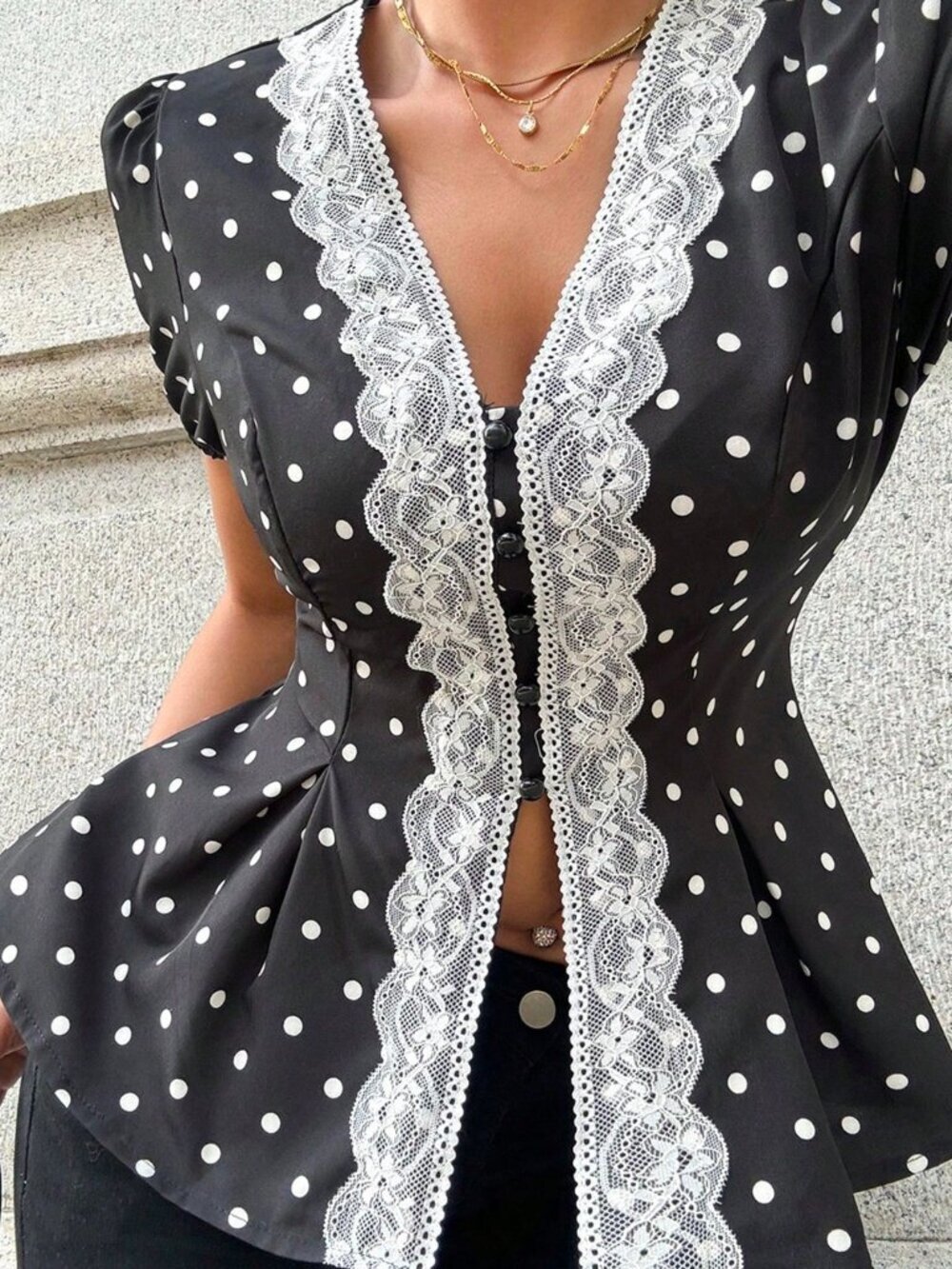 Black and White Casual Women's Elegant Lace-Trimmed Open Placket Blouse